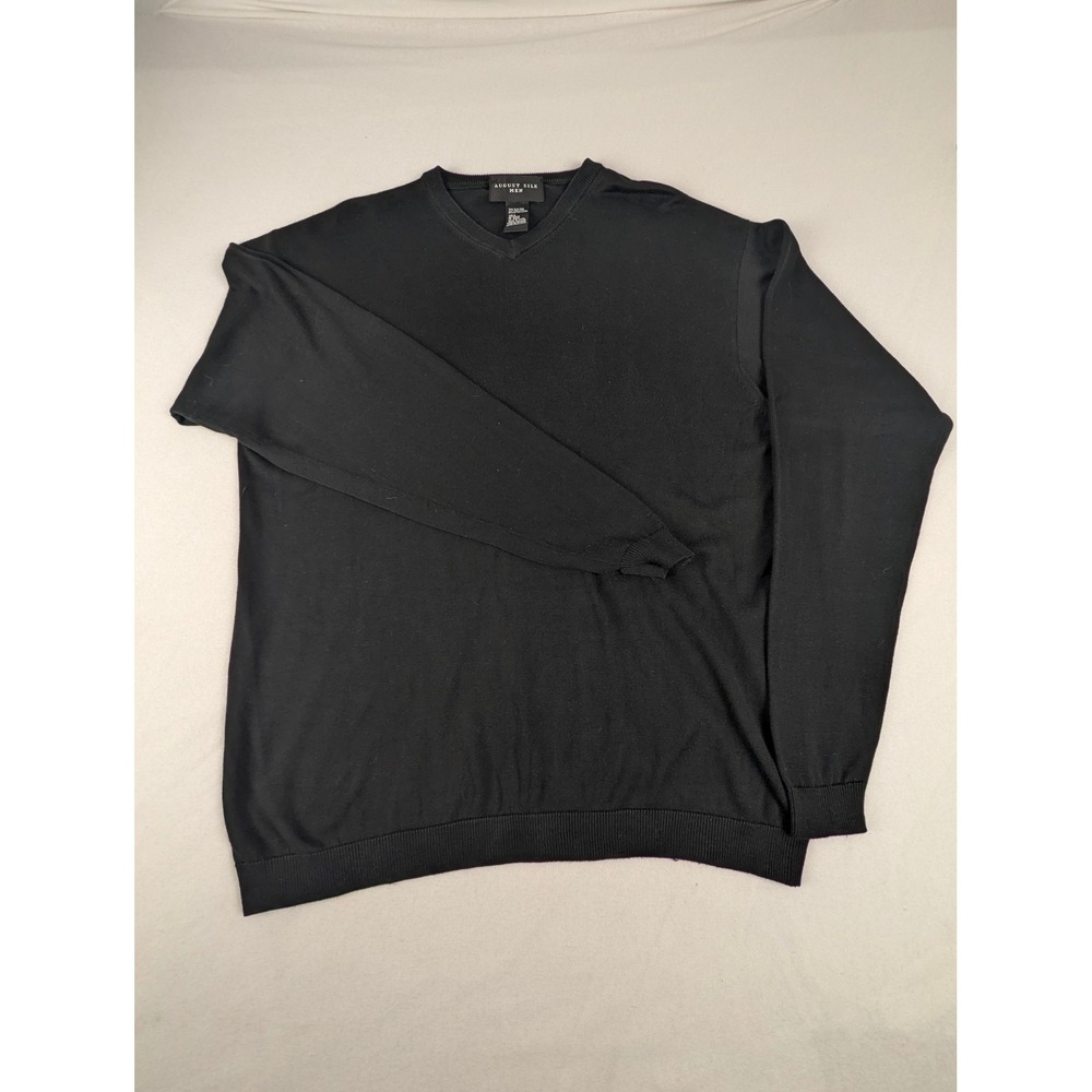 August Silk Men Black V-Neck Sweater Silk Cotton Blend Size Large Fine‎ Knit